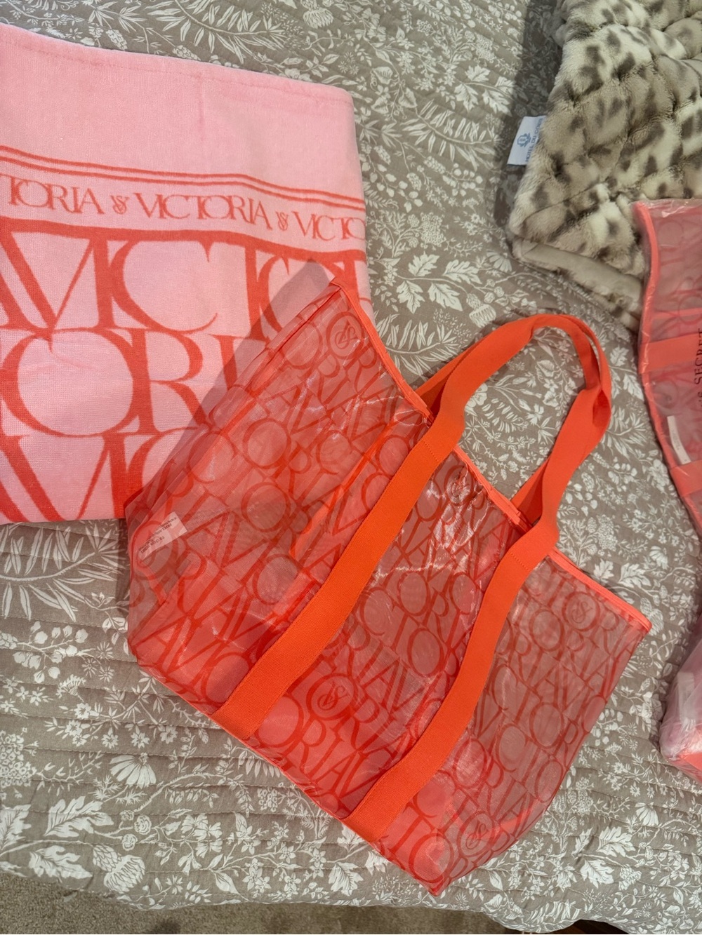 Victoria's Secret Neon Coral Transparent Tote & Beach Towel set